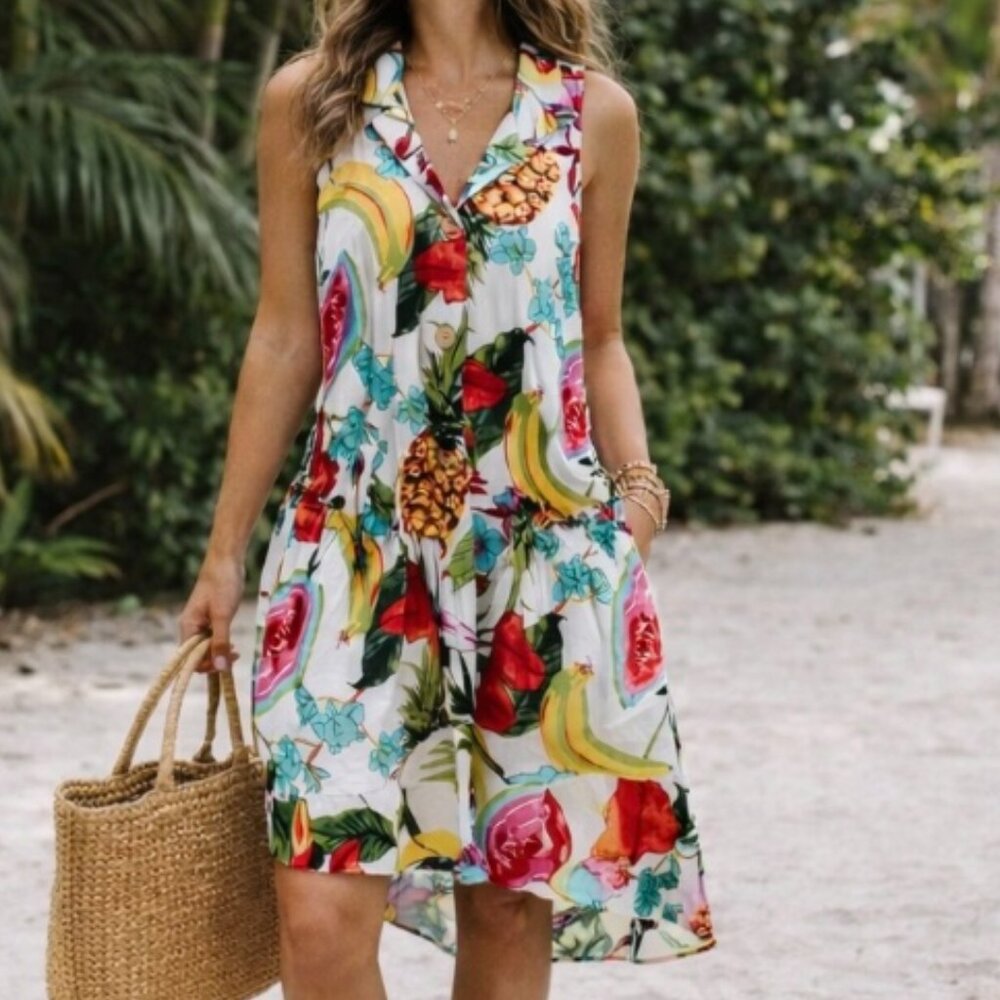 Women's tropical linen blend dress size M Resort vacation travel